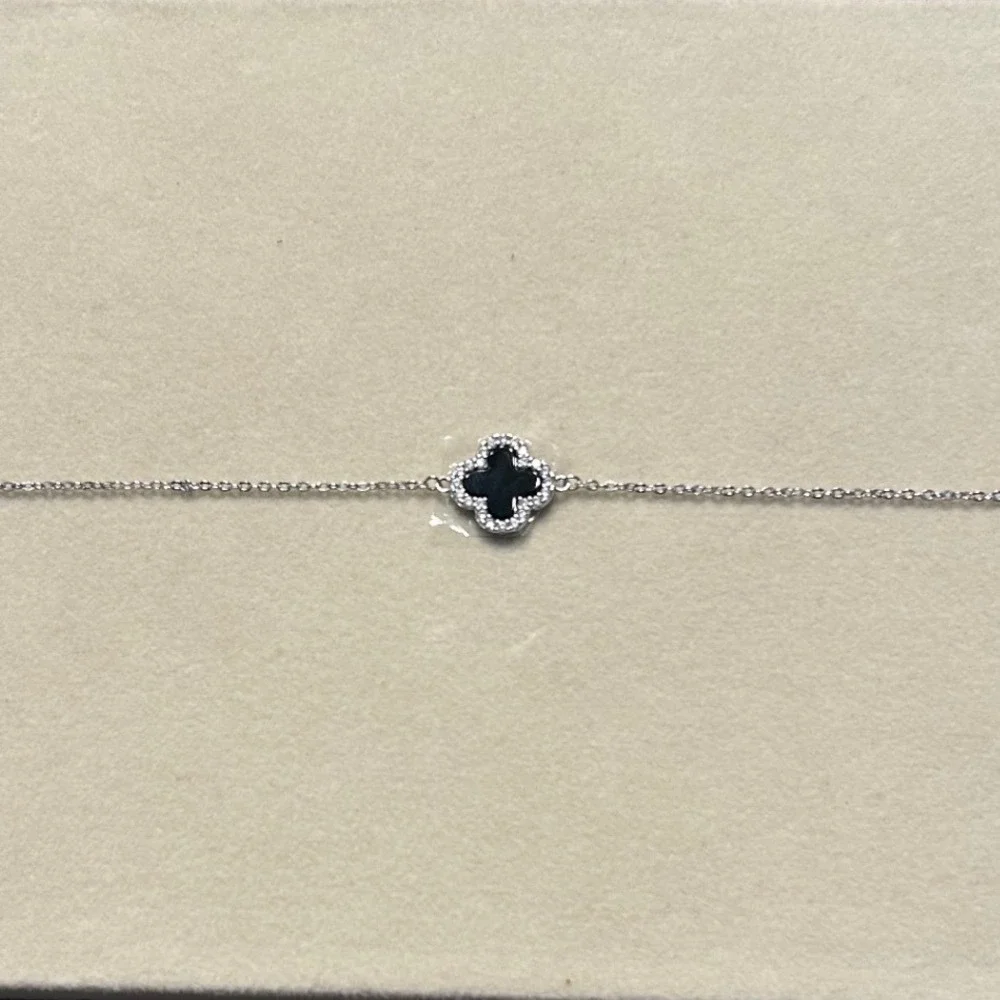 Black Agate Four Leaf Bracelet CZ Halo 925 Sterling Silver Adjustable